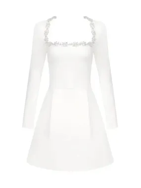 2024 Summer New Women'S White Long Sleeved Square Neck Diamond Pocket Decoration A-Line Dress Bodycon Celebrity Party Mini Dress