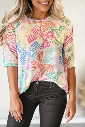 Aapparella - Bowknot Printed Waffle Short Sleeve Top | S-XL