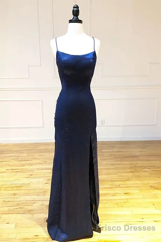 Backless Dark Navy Blue Long Prom Dresses Evening Dresses