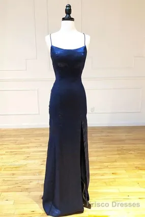 Backless Dark Navy Blue Long Prom Dresses Evening Dresses