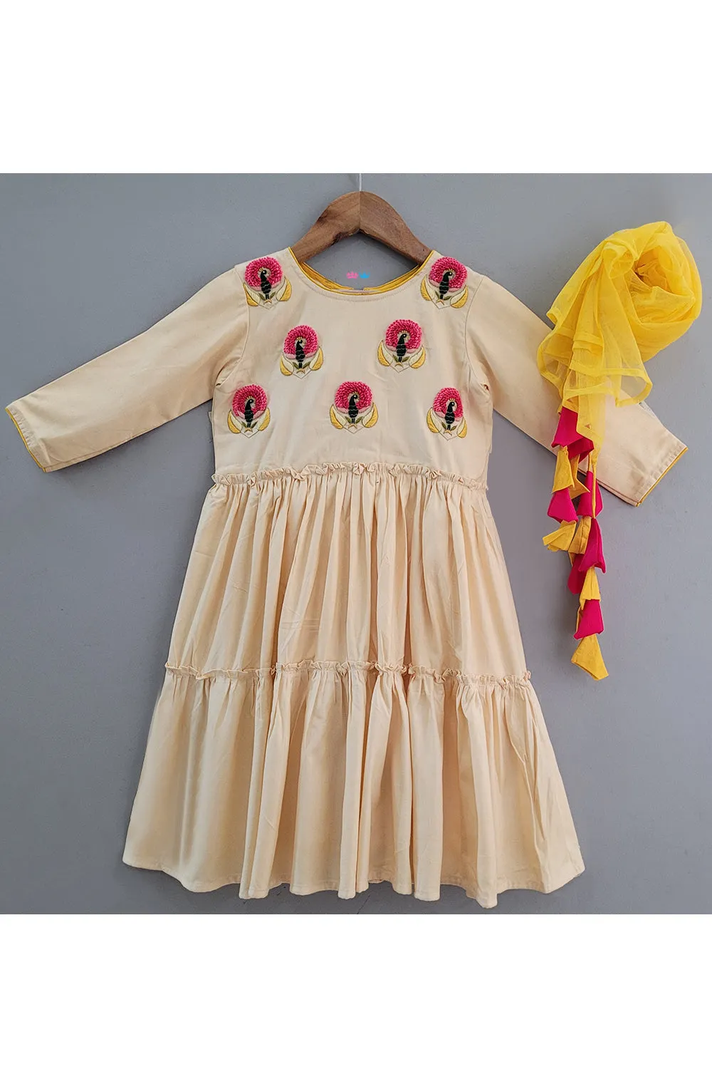 Beige Peacock Embroidered Anarkali With Dupatta Set