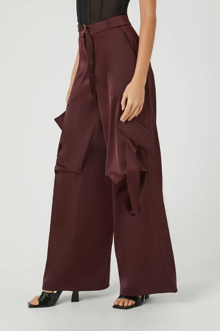 Belted Satin Wide-Leg Cargo Pants