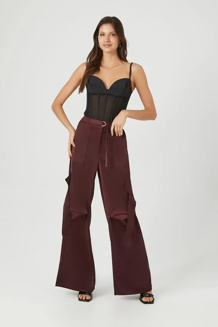 Belted Satin Wide-Leg Cargo Pants