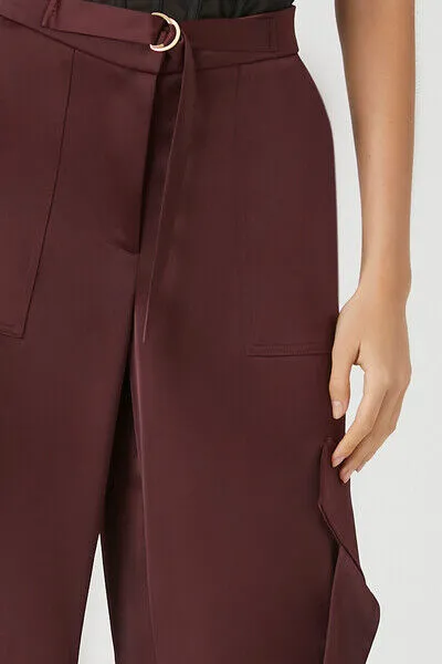 Belted Satin Wide-Leg Cargo Pants