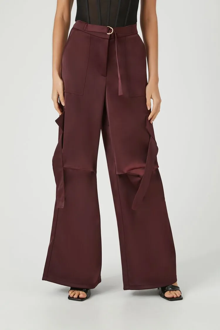 Belted Satin Wide-Leg Cargo Pants