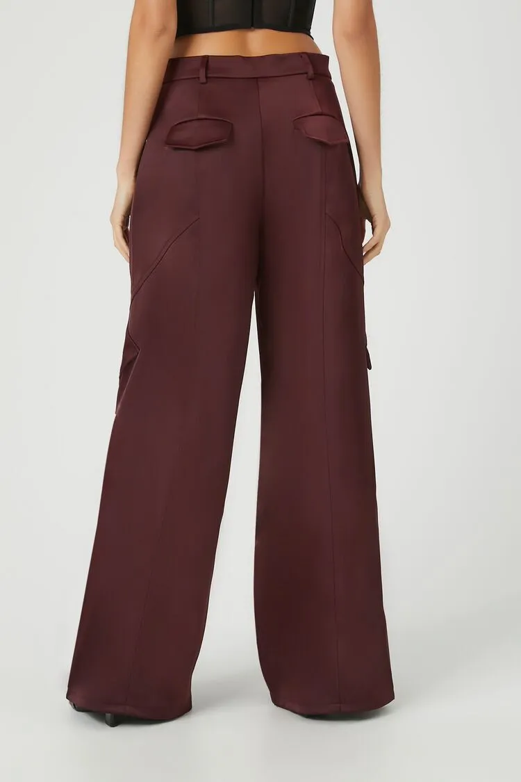 Belted Satin Wide-Leg Cargo Pants