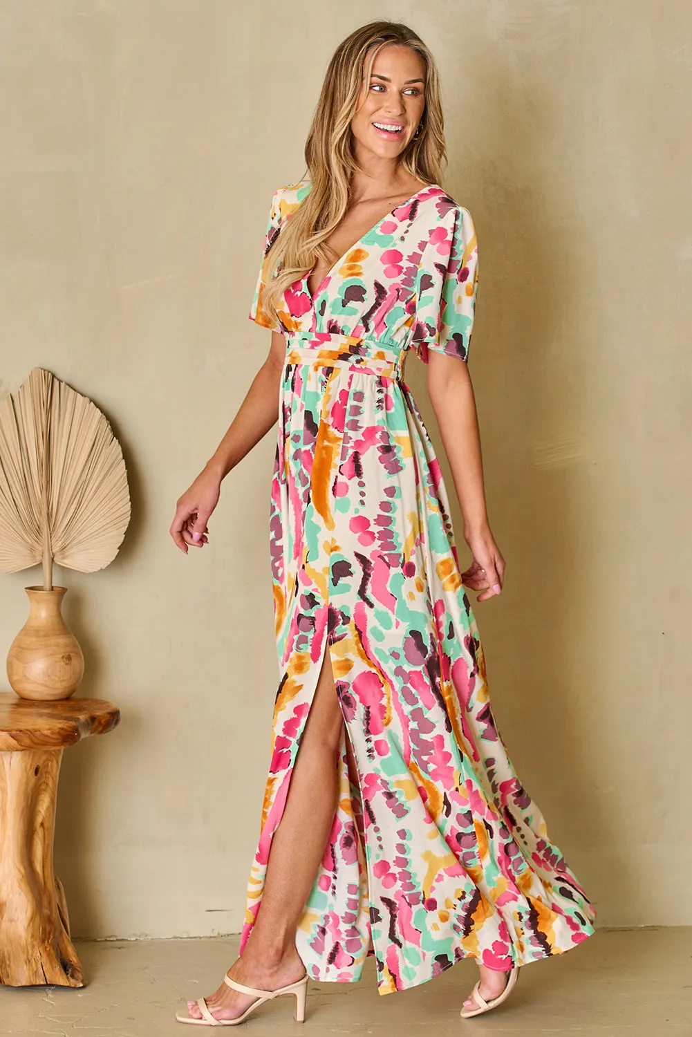 Classy V Neck Print Surplice Maxi Dress