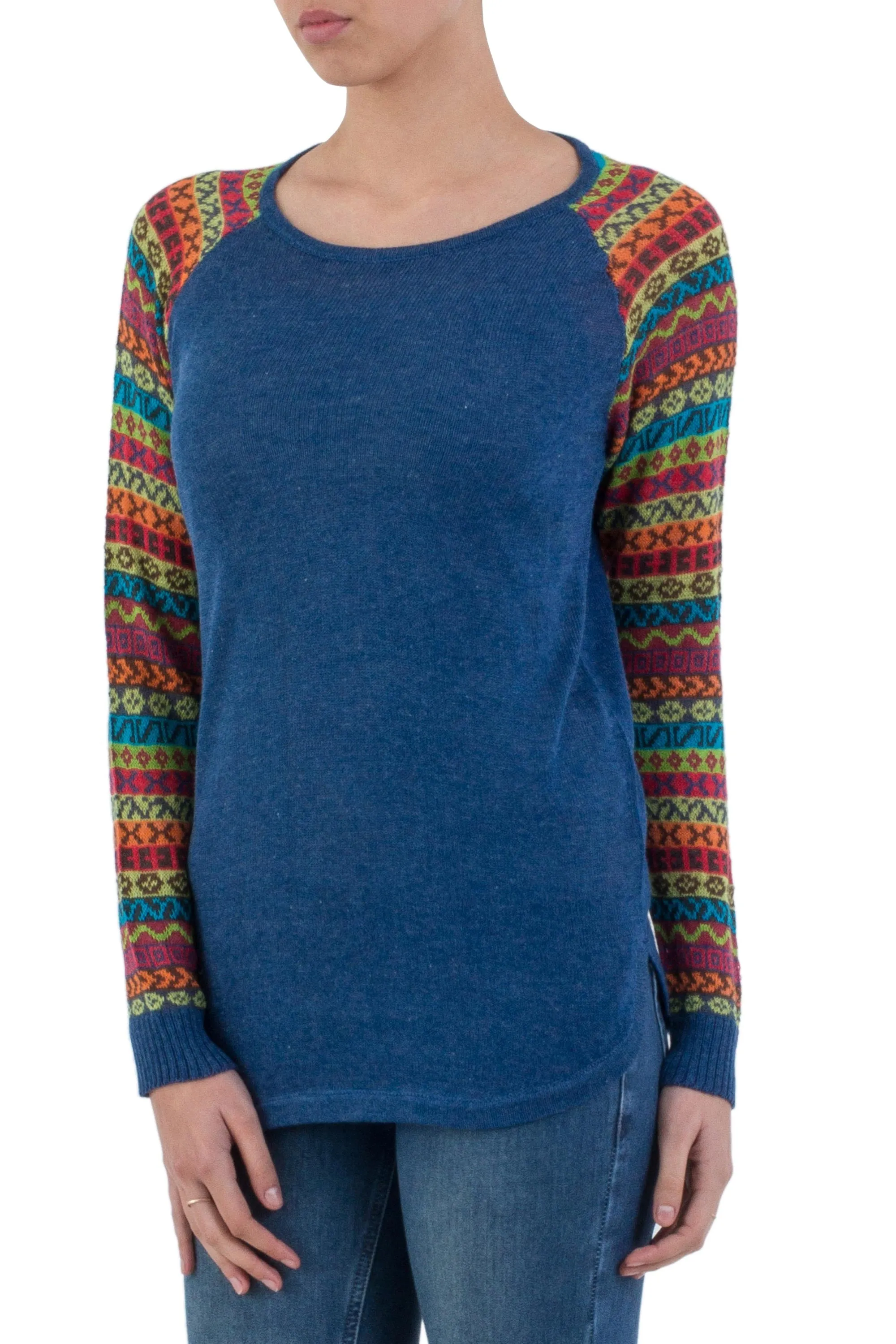 Cusco Market in Blue Blue Tunic Sweater with Multi Color Patterned Sleeves