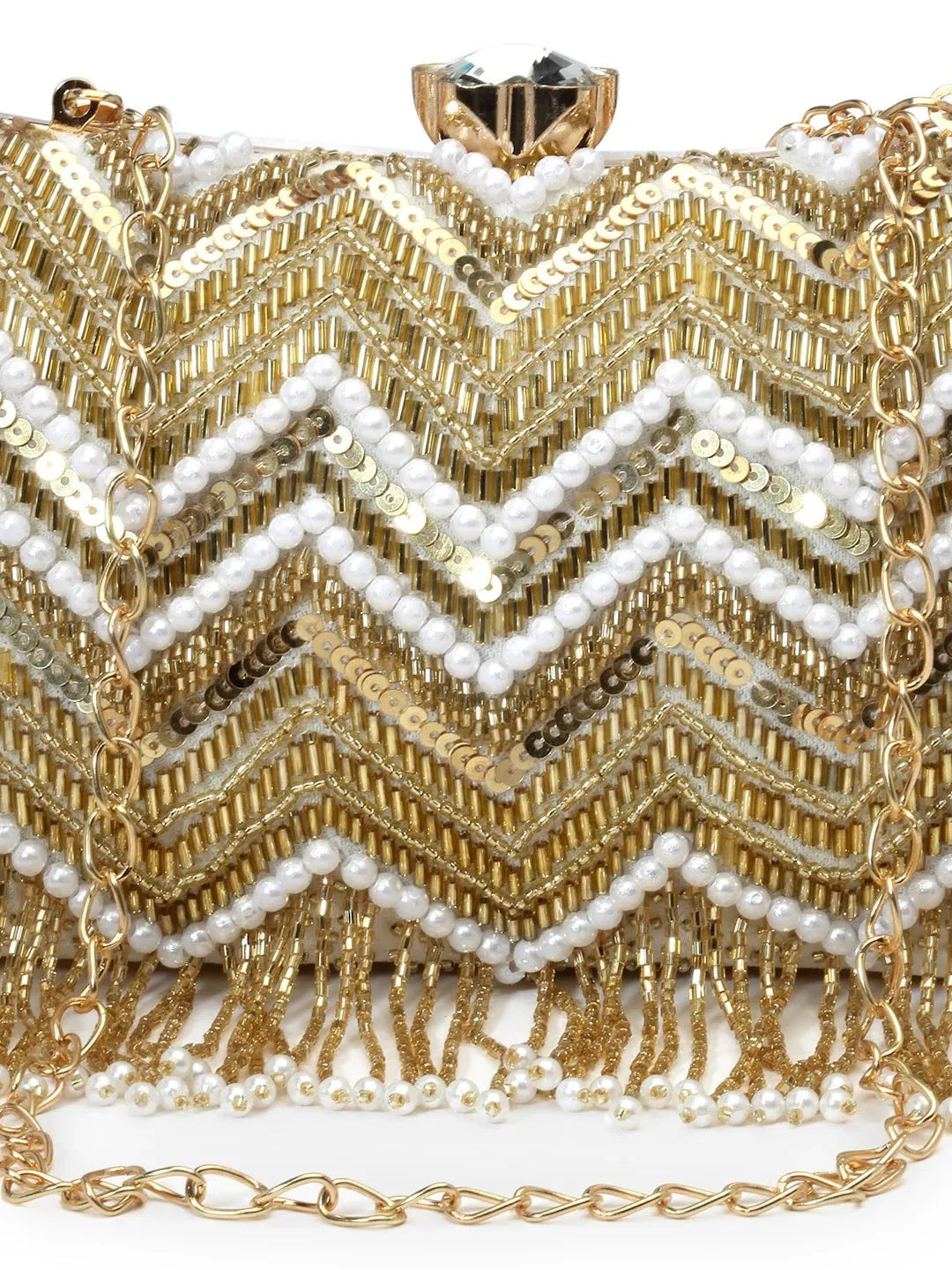 Dangle Chevron Embellished Velvet Clutch