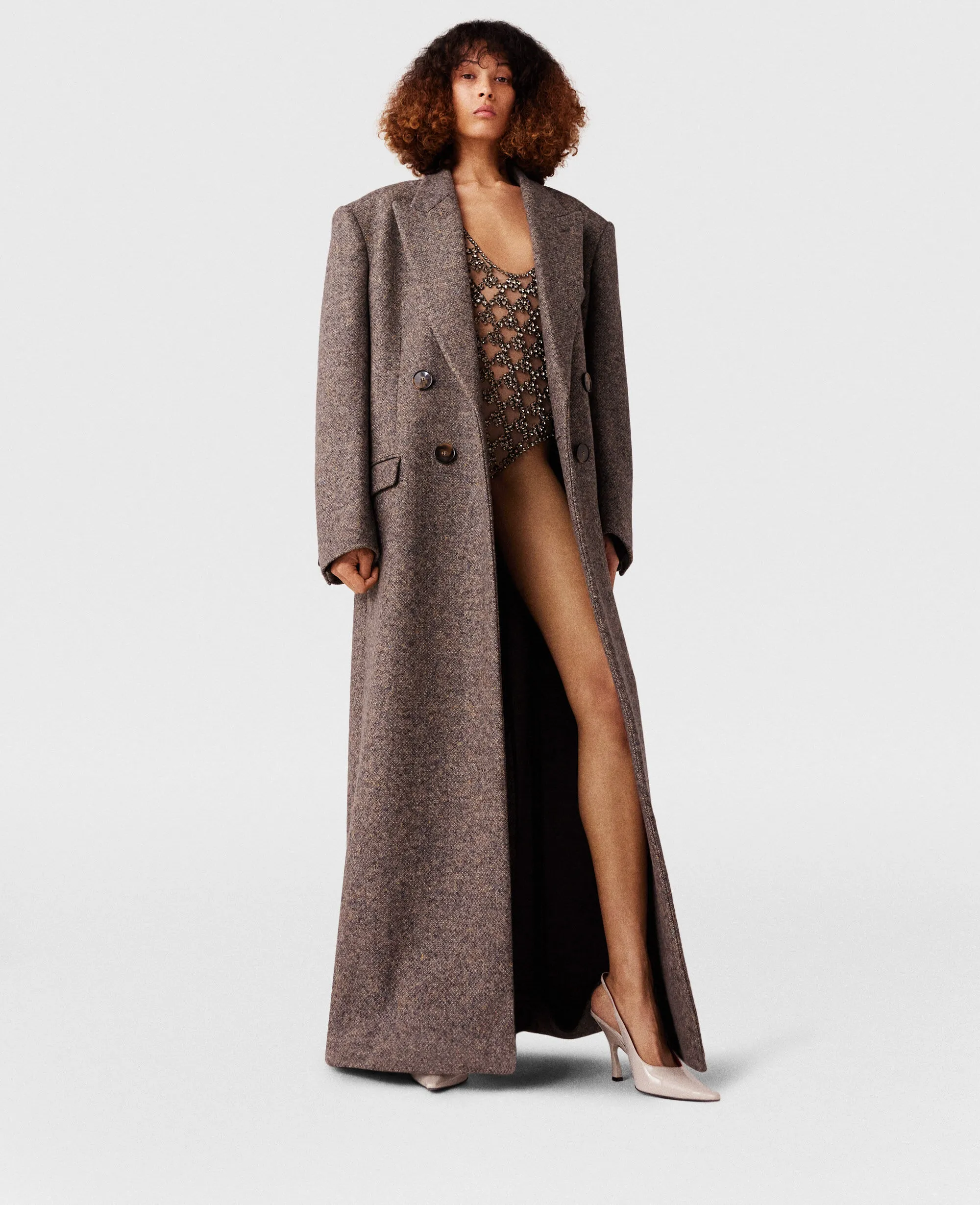 Double-Breasted Tweed Long Coat
