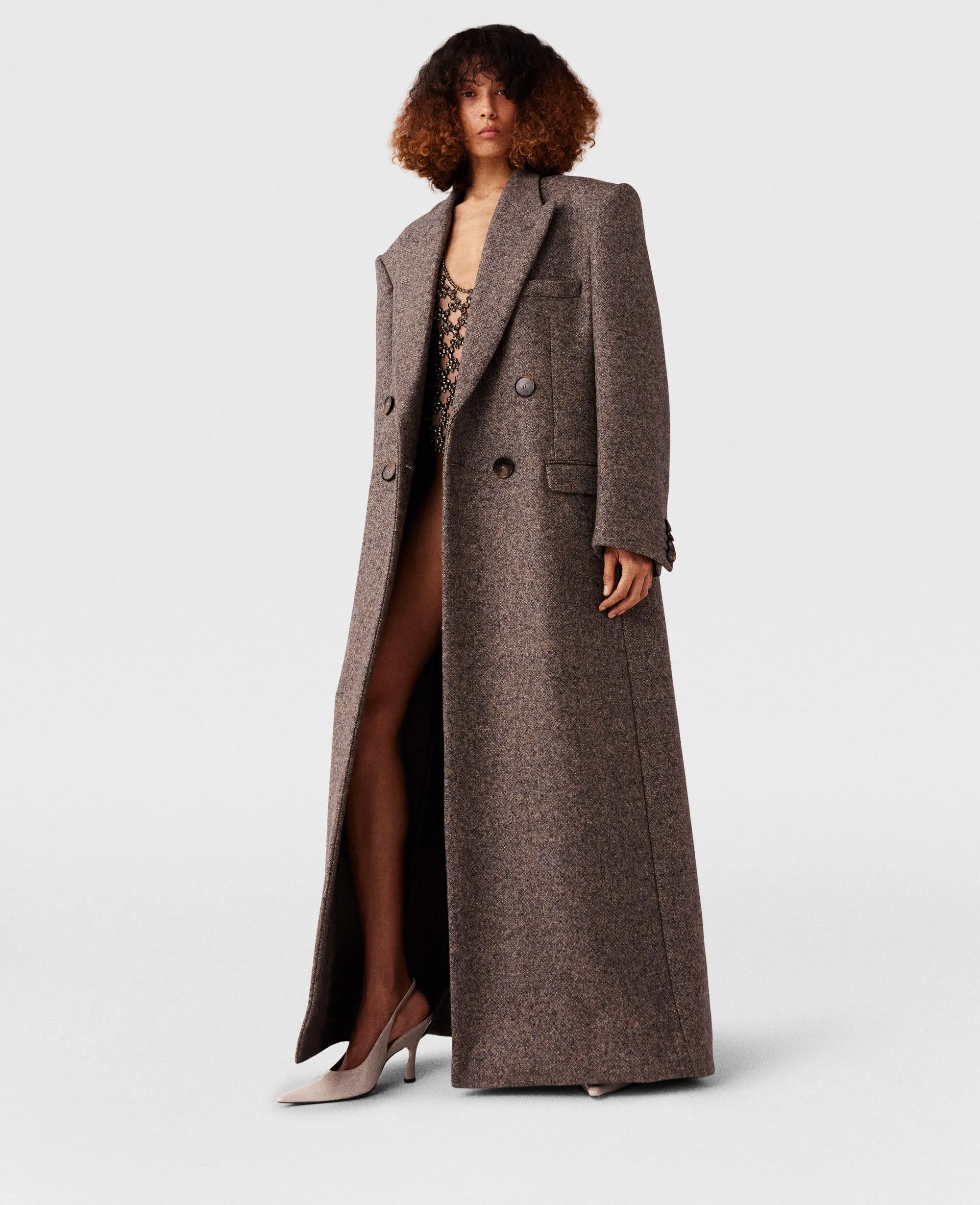 Double-Breasted Tweed Long Coat