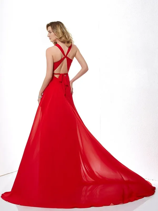 Dresses Evening Wear Prom Dresses Gown A-Line/Princess Halter Sleeveless Long Chiffon Dresses