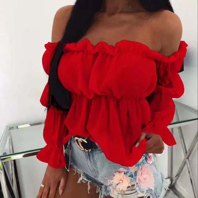 European and American Amazon Vacation Style Sweet Fungus Lace off-the-Shoulder Waist-Controlled Long Sleeves Chiffon Shirt Summer Women's T All-Matching Top