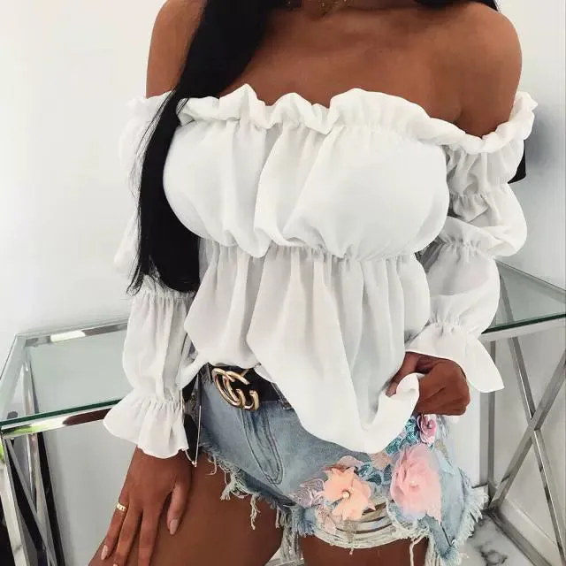 European and American Amazon Vacation Style Sweet Fungus Lace off-the-Shoulder Waist-Controlled Long Sleeves Chiffon Shirt Summer Women's T All-Matching Top