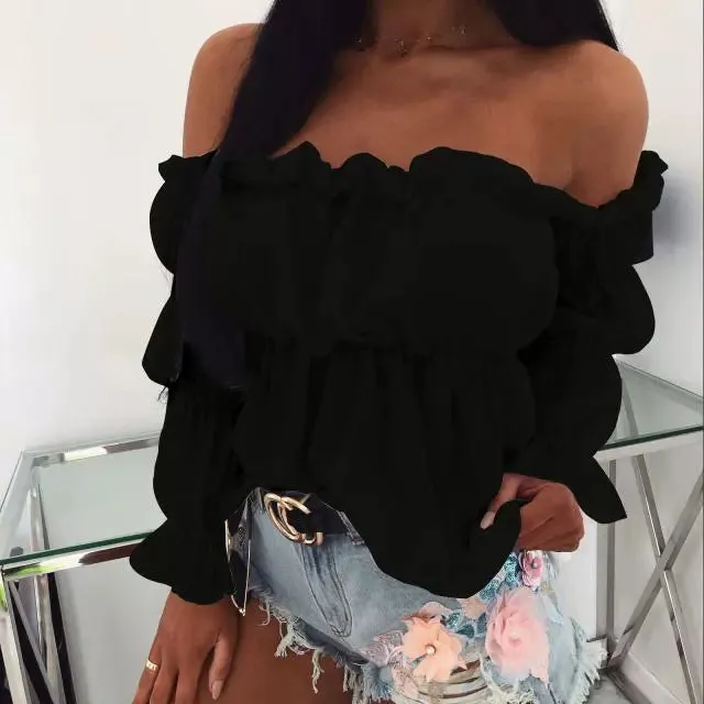 European and American Amazon Vacation Style Sweet Fungus Lace off-the-Shoulder Waist-Controlled Long Sleeves Chiffon Shirt Summer Women's T All-Matching Top