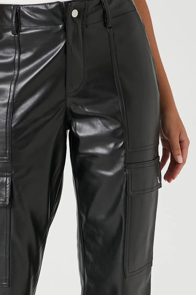 Faux Leather Straight Cargo Pants