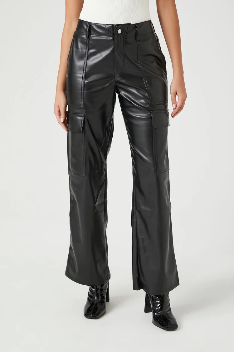 Faux Leather Straight Cargo Pants