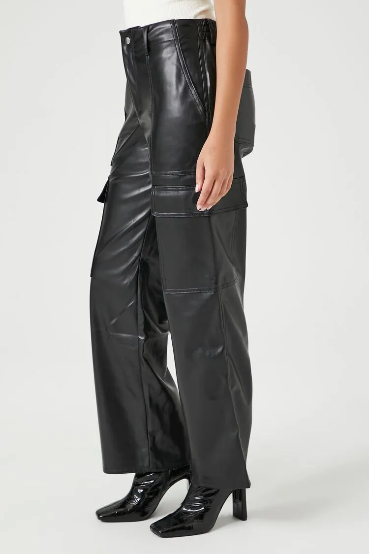 Faux Leather Straight Cargo Pants