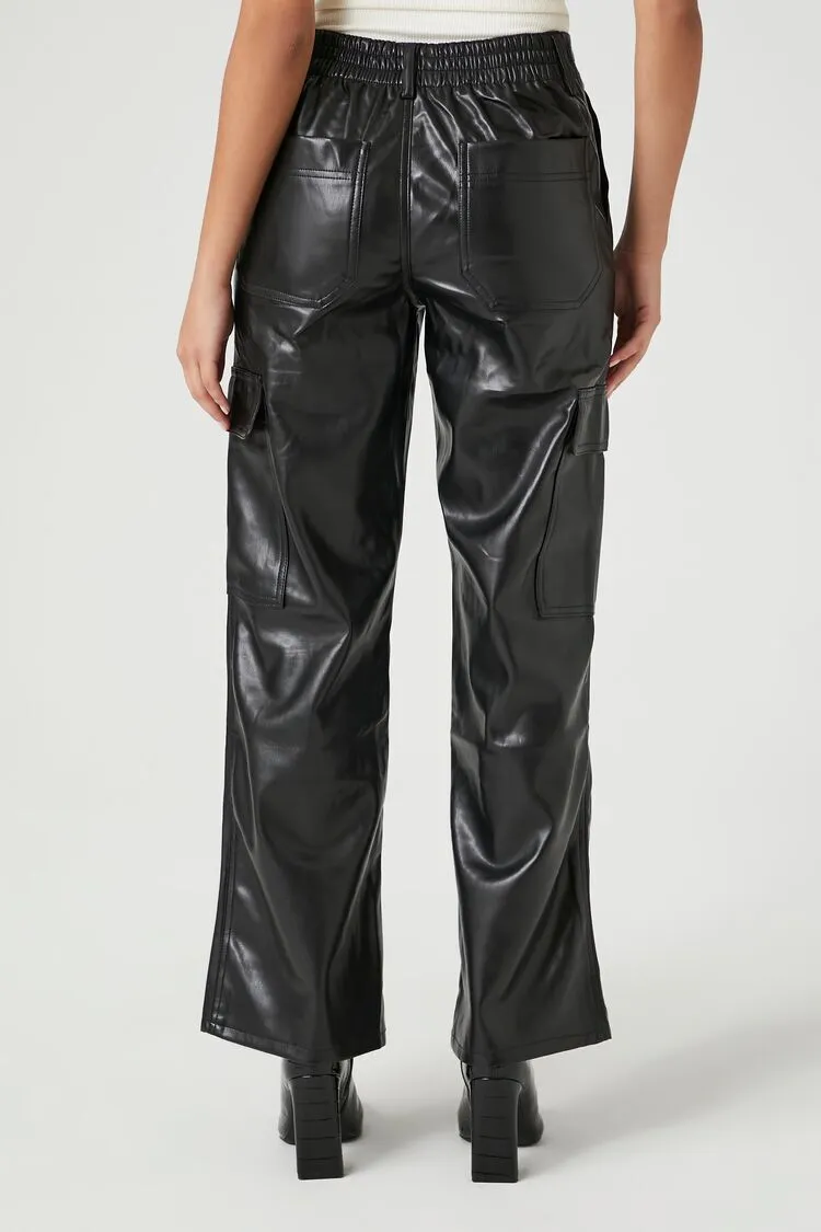 Faux Leather Straight Cargo Pants