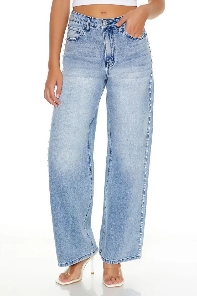Faux Pearl Wide-Leg Jeans
