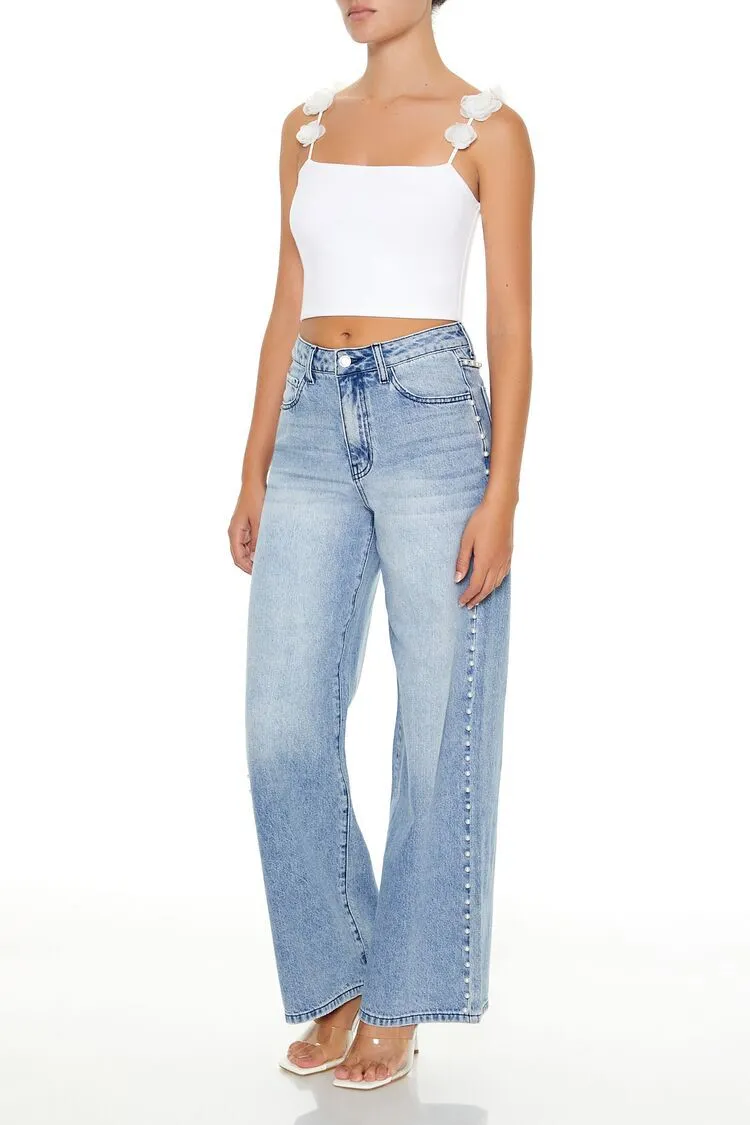 Faux Pearl Wide-Leg Jeans
