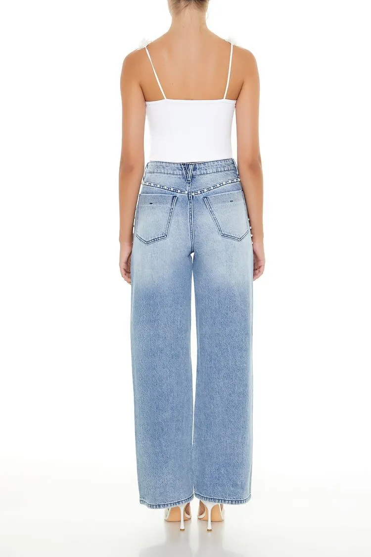 Faux Pearl Wide-Leg Jeans