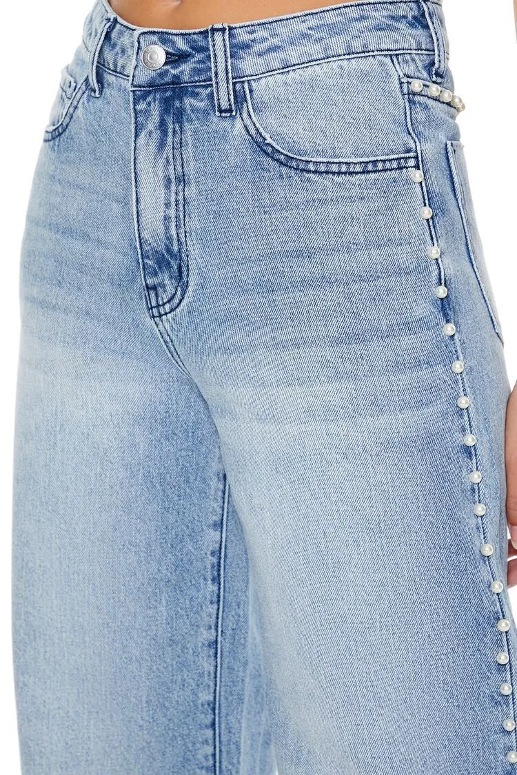 Faux Pearl Wide-Leg Jeans