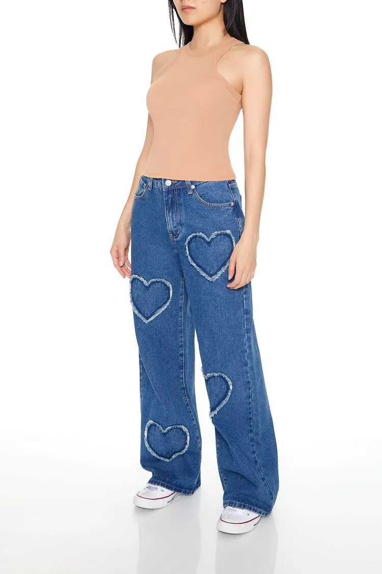 Frayed Heart Wide-Leg Jeans
