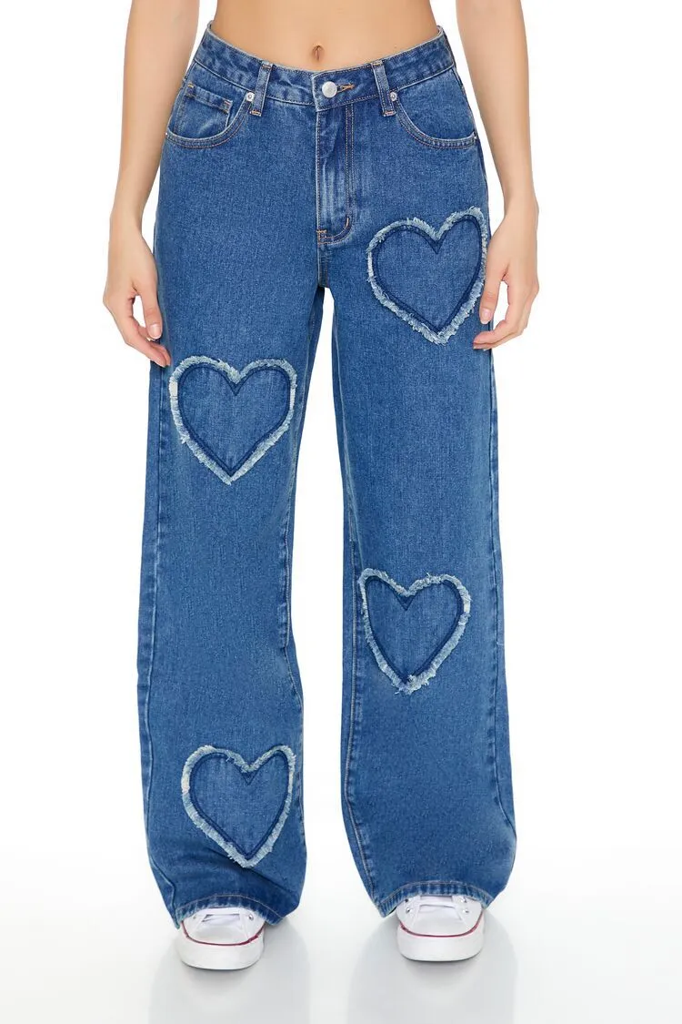 Frayed Heart Wide-Leg Jeans