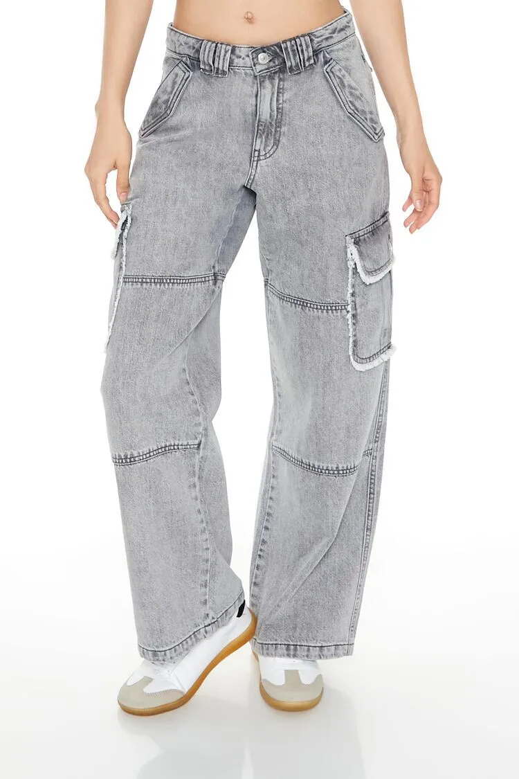Frayed Wide-Leg Cargo Jeans