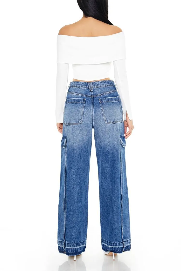 Frayed Wide-Leg Cargo Jeans