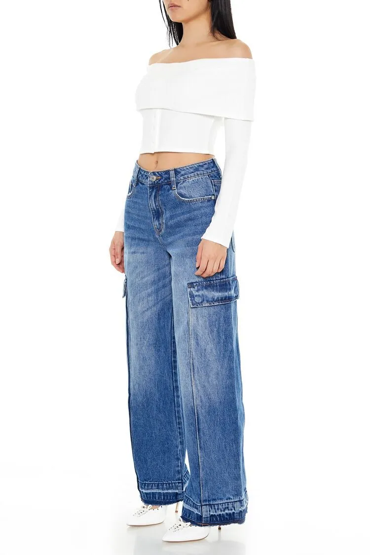 Frayed Wide-Leg Cargo Jeans