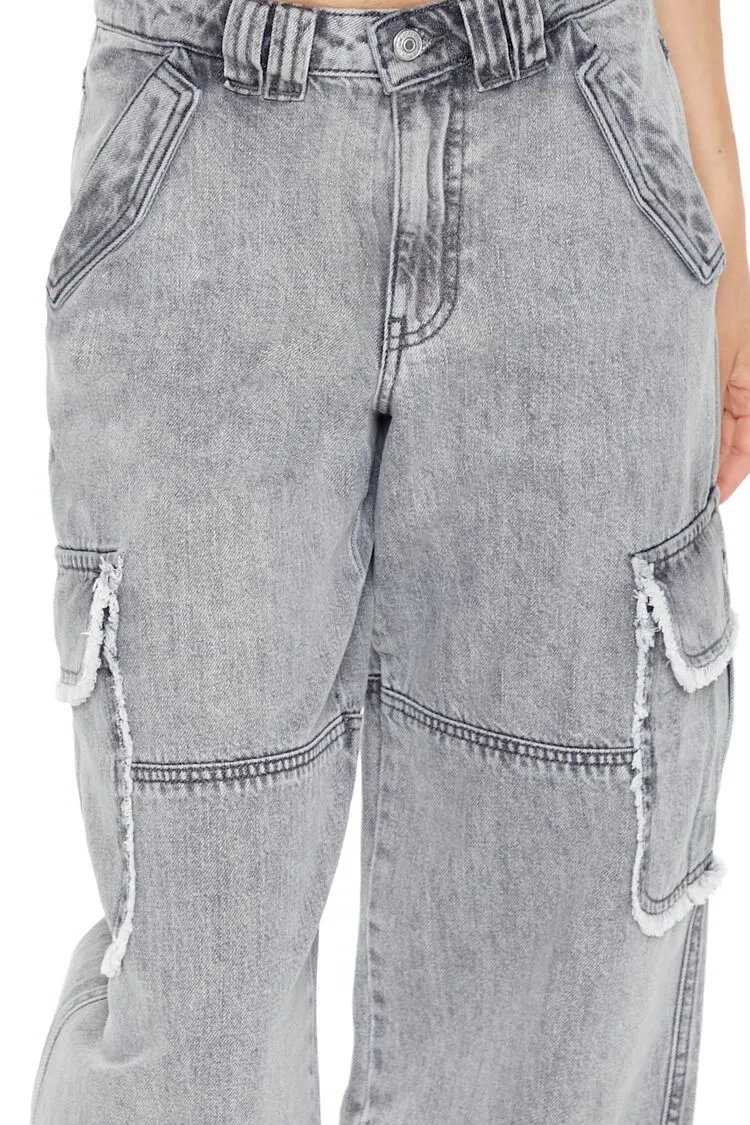 Frayed Wide-Leg Cargo Jeans