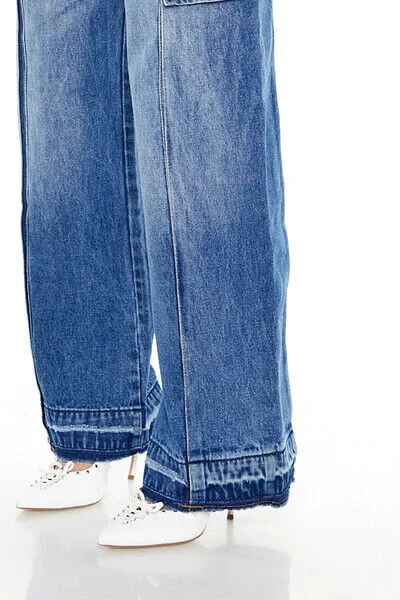 Frayed Wide-Leg Cargo Jeans