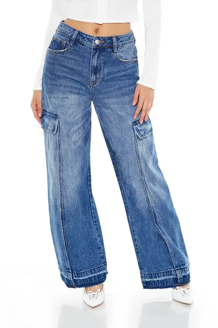 Frayed Wide-Leg Cargo Jeans