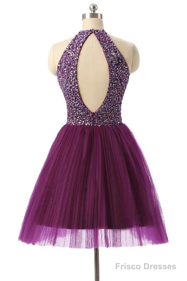 Halter Sleeveless Short Purple Homecoming Dresses Prom Dresses