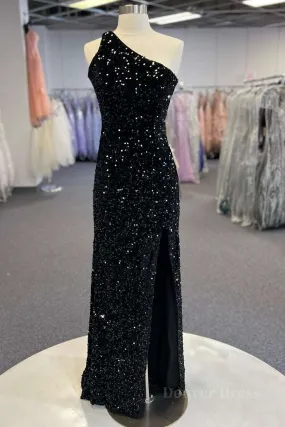kamahe One Shoulder Black Sequins Mermaid Long Prom Dresses, Black Sequins Mermaid Long Prom Dresses