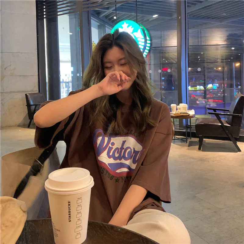 Letter Printing Three-quarter Sleeve T-shirt For Women's New Loose Lazy Style Simple top S4510724