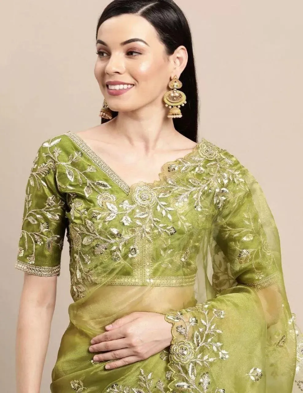 Light Green Soft Organza With All Over Embroidery Work  Sari & Blouse