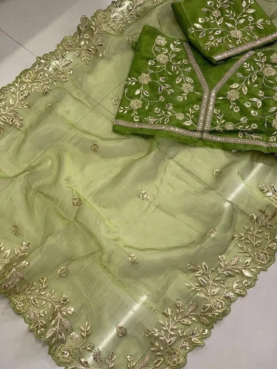 Light Green Soft Organza With All Over Embroidery Work  Sari & Blouse