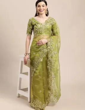 Light Green Soft Organza With All Over Embroidery Work  Sari & Blouse