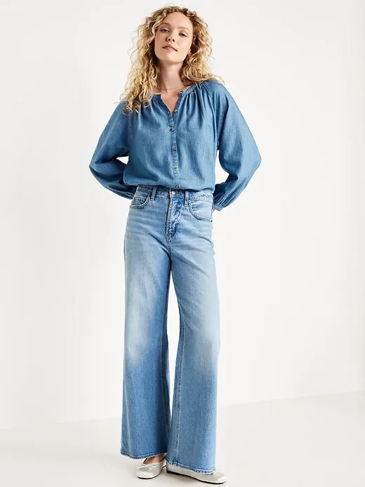 Loose Split-Neck Button-Down Top