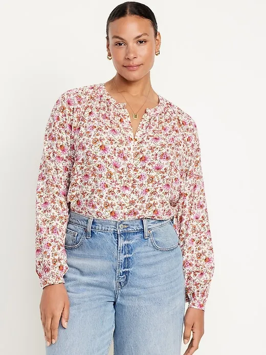 Loose Split-Neck Button-Down Top