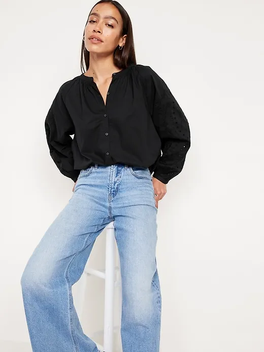 Loose Split-Neck Button-Down Top