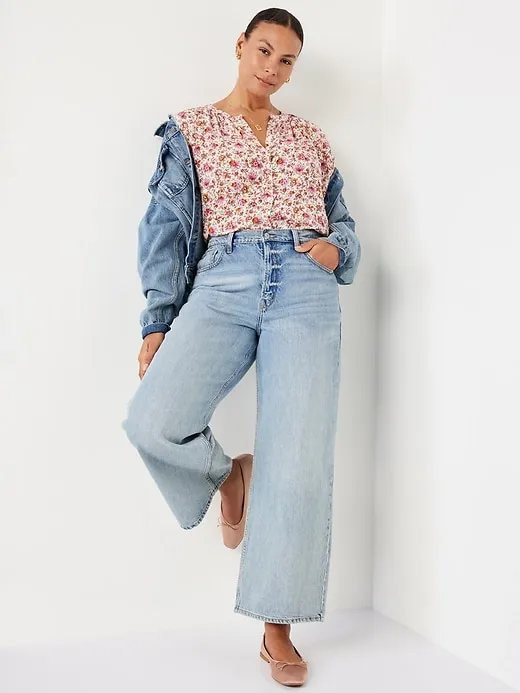 Loose Split-Neck Button-Down Top