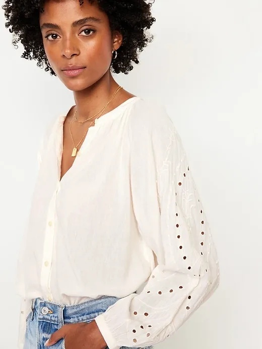 Loose Split-Neck Button-Down Top