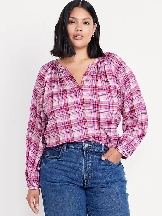 Loose Split-Neck Button-Down Top