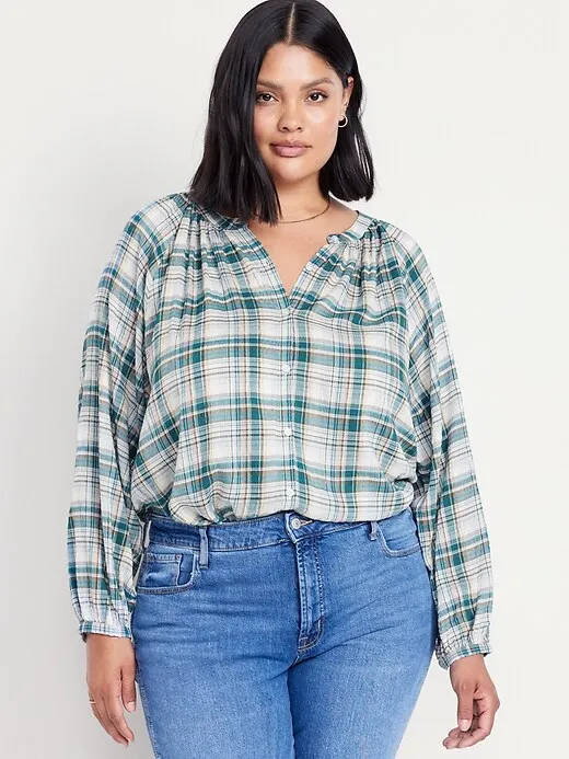 Loose Split-Neck Button-Down Top