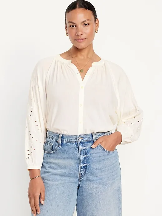 Loose Split-Neck Button-Down Top