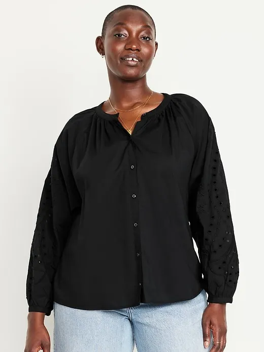 Loose Split-Neck Button-Down Top